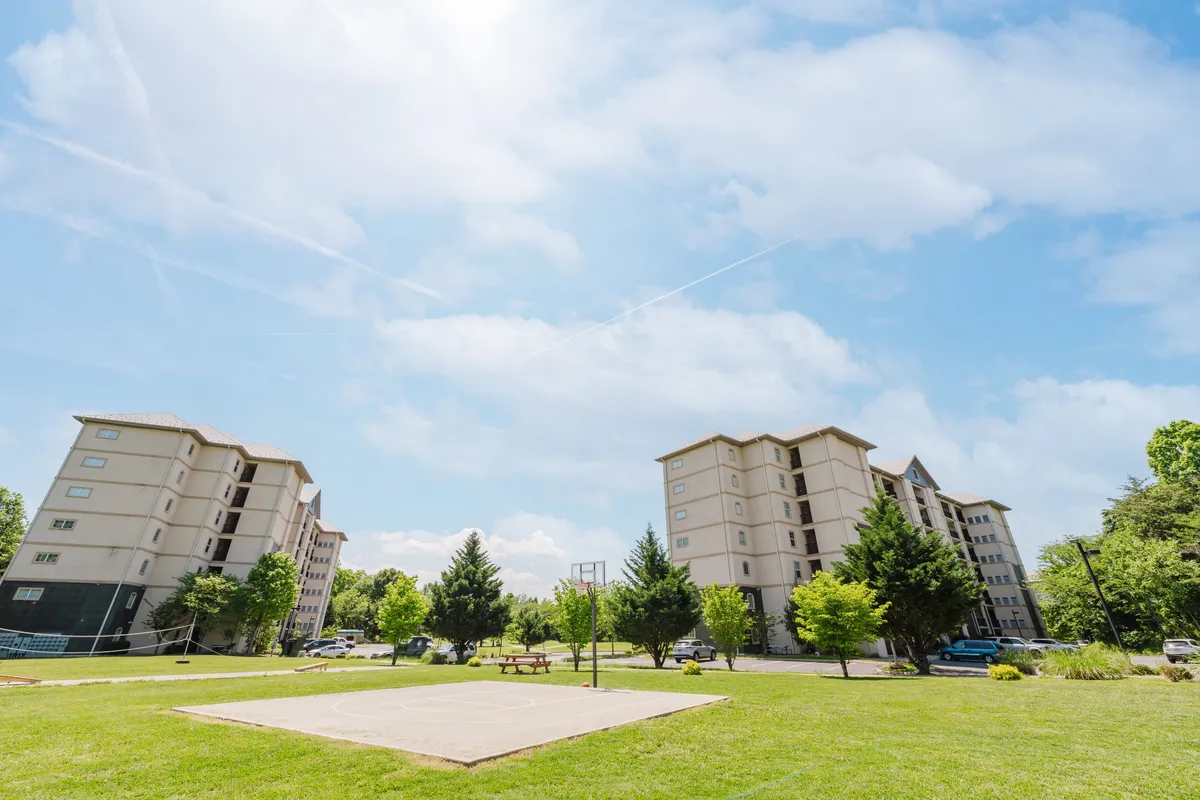 Spacious green lawns stretch between apartment buildings, with a basketball court and benches nestled among mature trees. The area feels lively yet relaxed, offering a space for active play, community events, and leisurely gatherings.